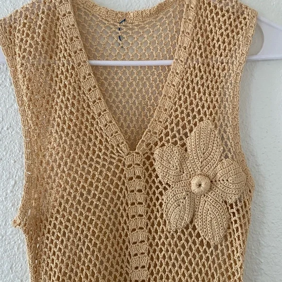 Tan Embellished Sheath Crochet Midi Dress V-Neck - Picture 3 of 4